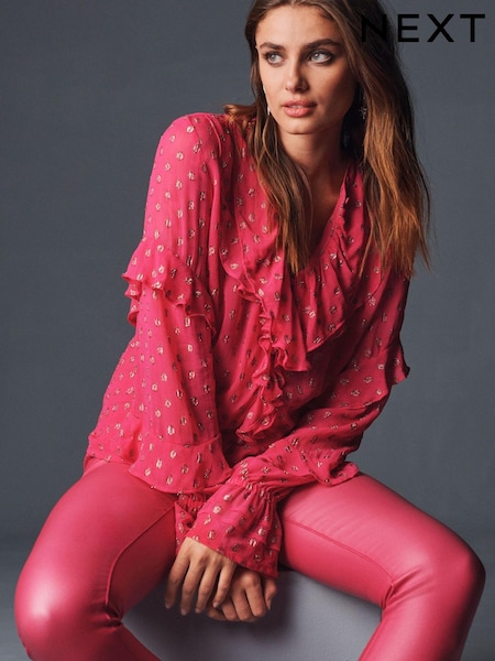 Fuchsia Pink Long Sleeve Ruffle V-Neck Top (U57925) | €19