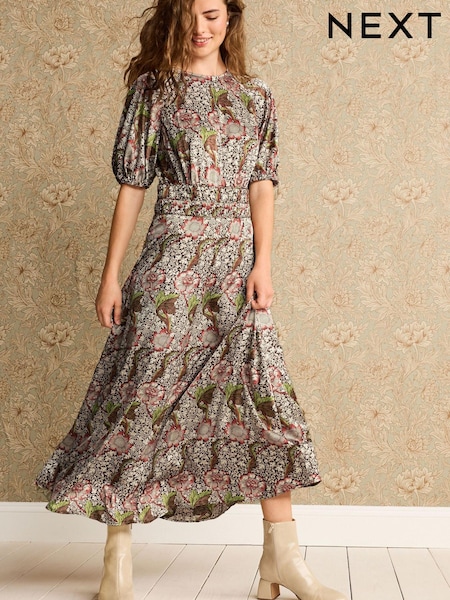 Morris & Co. Kennet Brown Print Back Detail Midi Dress (U57933) | €50