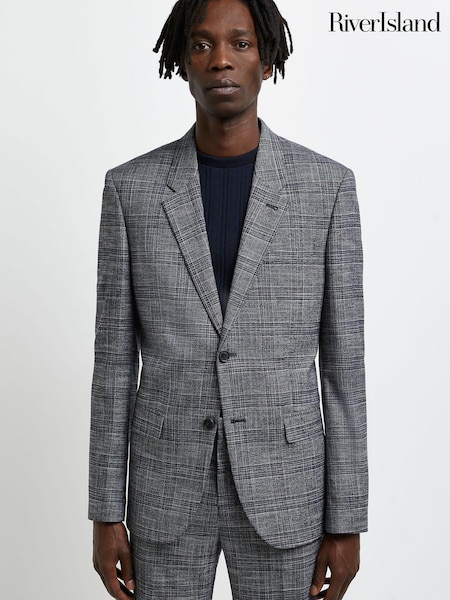 River Island Navy Blue SB2 Notch Scratchy Check Jacket (U58440) | €33