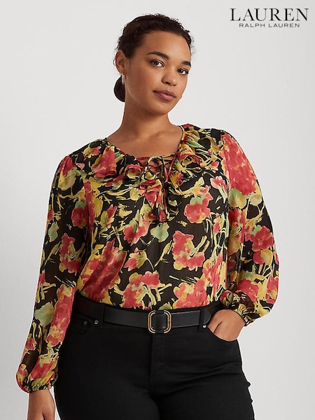Lauren Ralph Lauren Curve Black Floral Reeshah V-Neck Frill Blouse (U59495) | €83