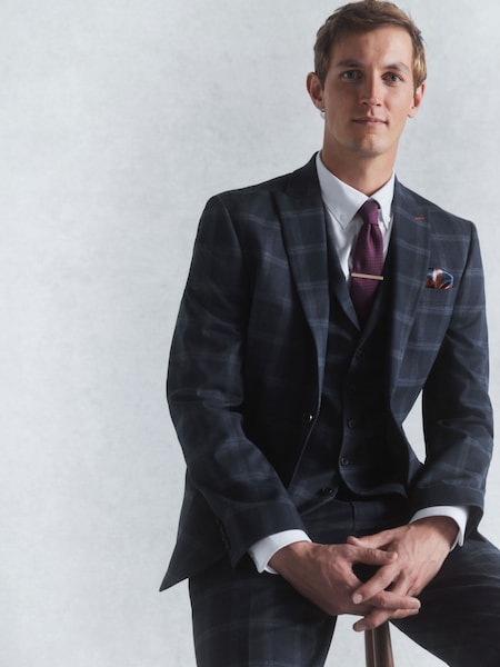 Navy Blue Slim Fit Flannel Check Suit Jacket (U59713) | €18