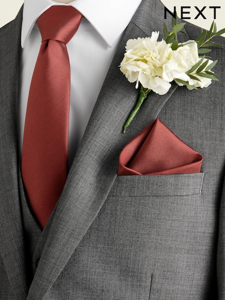 Rust Brown Slim Silk Tie And Pocket Square Set (U59858) | 54 QAR
