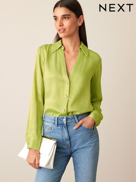 Bright Citrine Green Sparkle Button Satin Shirt (U60573) | €19
