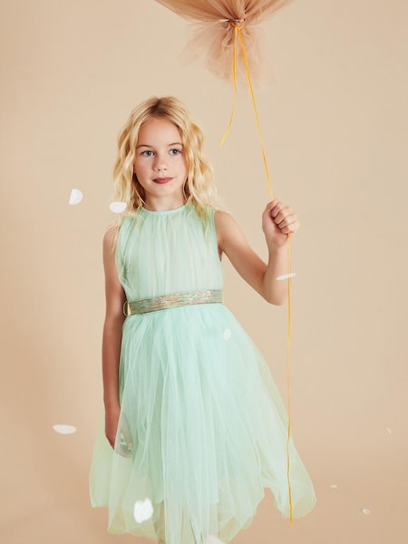 Mint Green Mesh Tie Back Party Dress (3-16yrs) (U61076) | €14 - €18