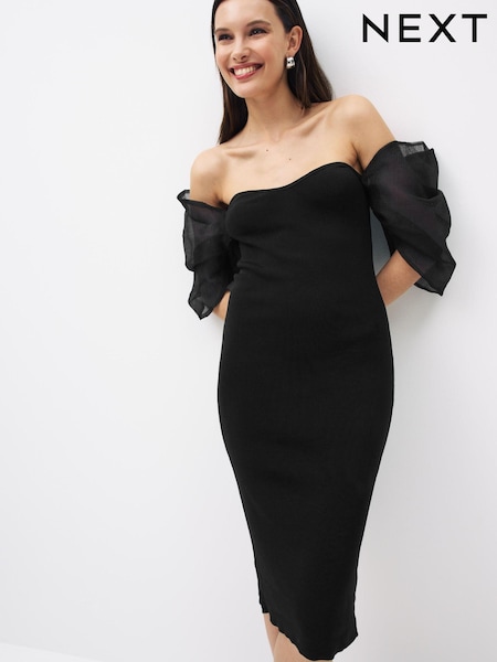 Black Off the Shoulder Puff Sleeve Midi Jumper Dress (U61080) | €14