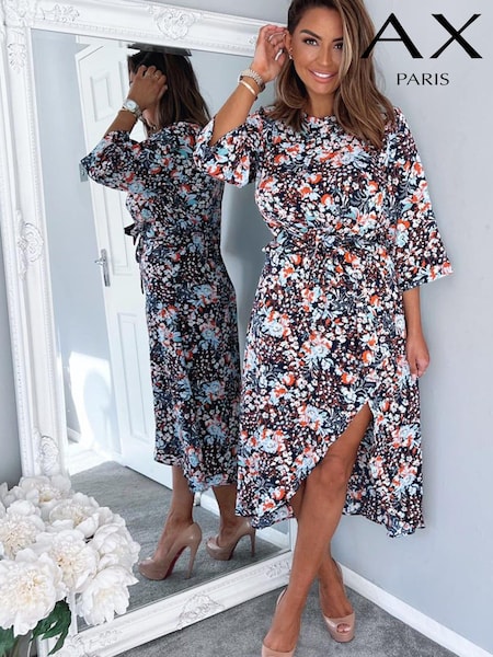 AX Paris Blue Floral Wrap Tie Front Midi Dress (U61358) | €25