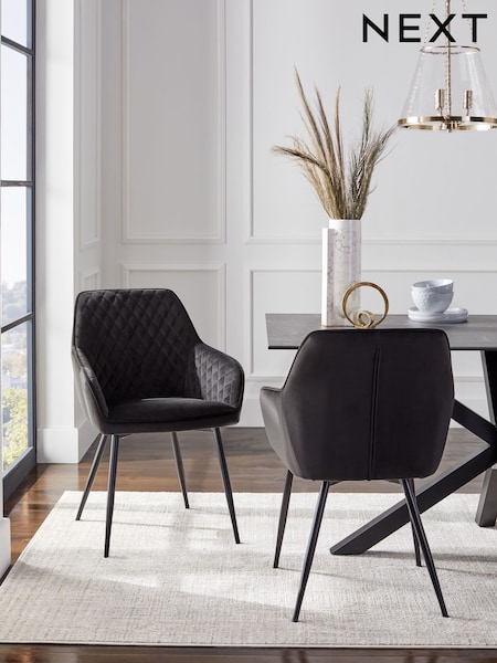 Set of 2 Soft Velvet Black Hamilton Black Leg Quilted Dining Chairs (U63436) | €380