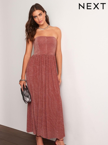 Red Metallic Corset Detail Strapless Midi Dress (U64006) | €36