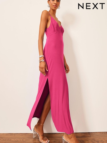 Розовый - Satin Slip V-Neck Sleeveless Midi Dress (U64093) | €26