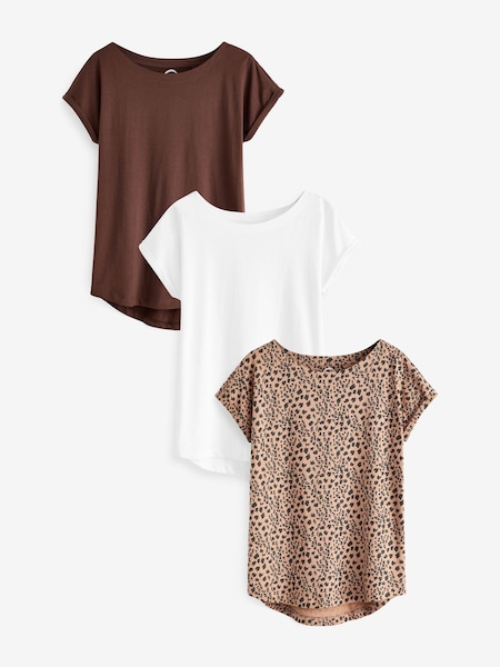 לבן/חום/מנומר - Cap Sleeve 100% Cotton T-shirts 3 Pack (U64363) | ‏77‏₪
