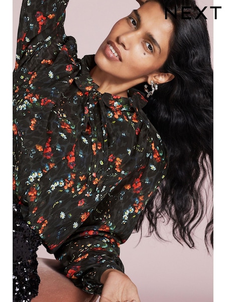 Preen x Next/Schwarz/Blumenprint - Pretty Ruffle Long Sleeve Blouse (U65501) | 34 €