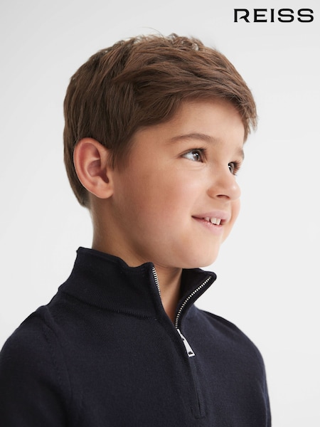 Reiss Navy Blackhall Senior Quarter Zip Merino Wool Jumper (U65528) | €58