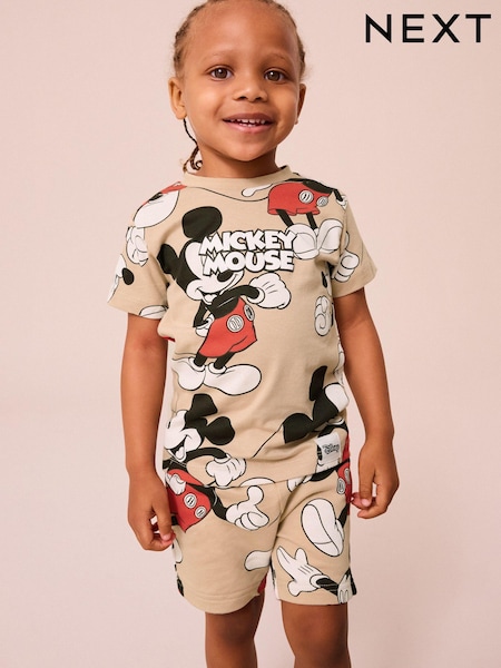 Neutral Tan Mickey Mouse All-Over Printed T-Shirt and Shorts License Set (3mths-8yrs) (U67051) | €18 - €22