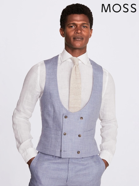 MOSS Blue Tailored Fit Dusty Linen Waistcoat (U67892) | €25