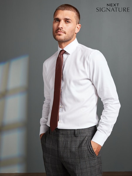 White Slim Fit Signature Premium 100% Cotton Textured Long Sleeve Single Cuff Shirt (U68502) | €14