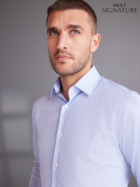 Light Blue Slim Fit Signature Premium 100% Cotton Textured Long Sleeve Single Cuff Shirt (U68508) | €41