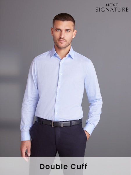 Blue Regular Fit 100% Cotton Signature Textured Double Cuff Smart Shirt With Trim Detail (U68512) | 220 zł
