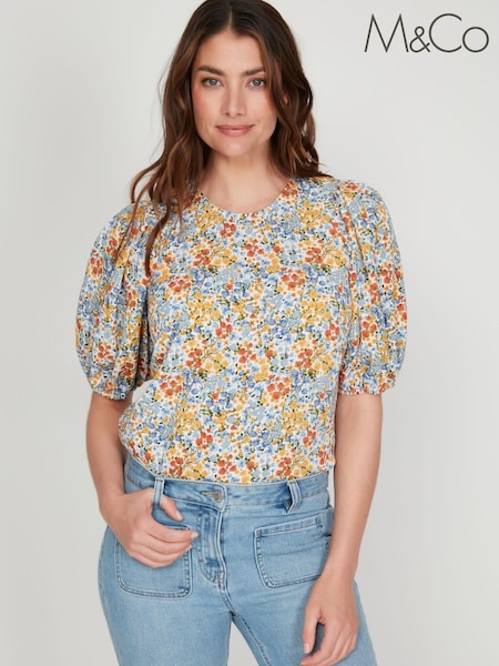 M&Co Blue Puff Sleeve Ditsy Print Blouse (U72091) | €13