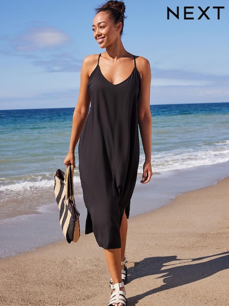 أسود - Racer Back V-Neck Midi Slip Summer Dress (U72393) | ‏8 د.إ.‏