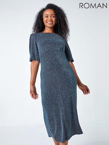 Roman Blue Petite Metallic Stripe Midi Stretch Dress (U72768) | €37
