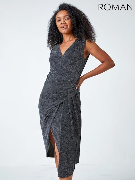 Roman Metallic Petite Ruched Wrap Stretch Dress (U72786) | €31
