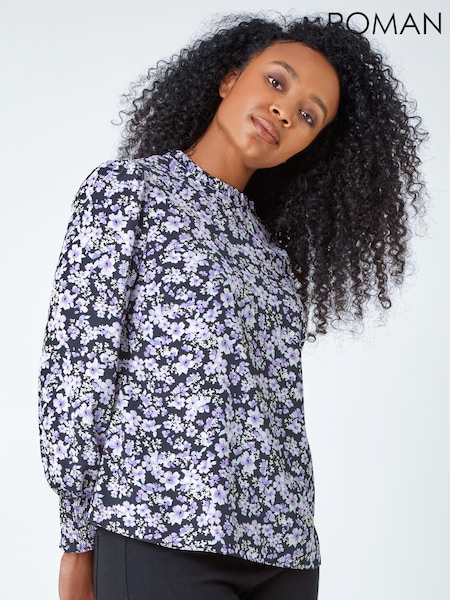 Roman Purple Petite Floral Print Gathered Neck Top (U72787) | €18.50