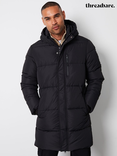 Czarny - Threadbare Showerproof Hooded Waterproof Longline Puffer Coat (U72917) | 380 zł