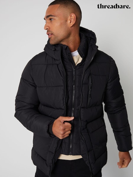 Negru - Threadbare Showerproof Double Layer Puffer Cu glugă Jachetă (U72922) | 447 LEI