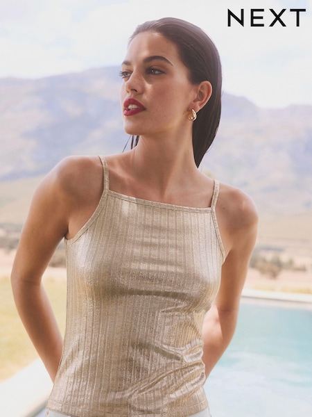 Gold Metallic Square Neck Ribbed Cami Top (U73156) | €12