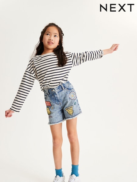 SmileyWorld License Denim Blue Badge Longer Length Frayed Edge Shorts (3-16yrs) (U73916) | €10 - €12.50