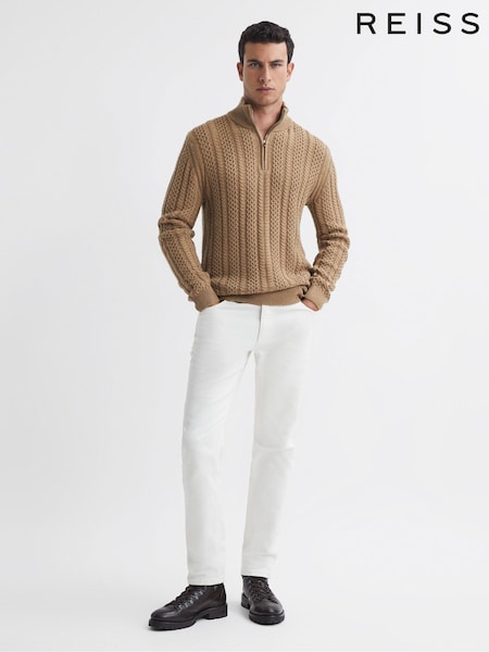 Reiss Camel Bantham Cable Knit Half-Zip Funnel Neck Jumper (U74328) | €186