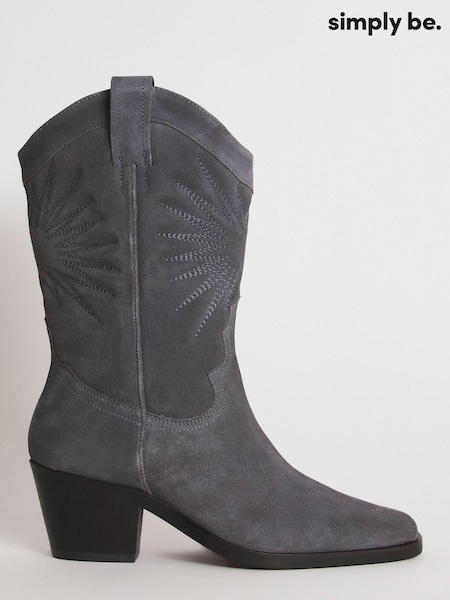 Simply Be Grey Suede Embroidered Western Calf Boots Extra Wide Fit Standard Calf (U74333) | €28