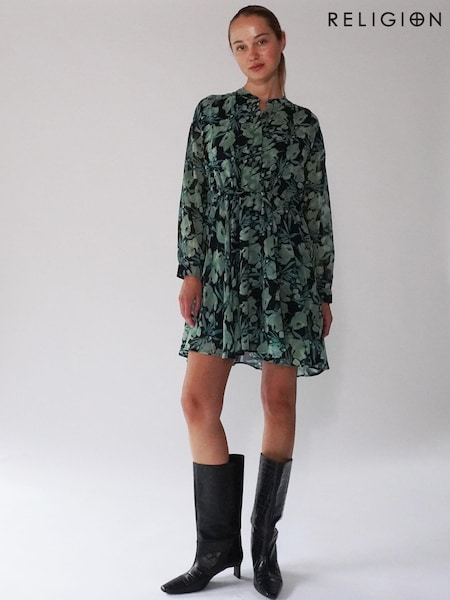 Religion Green A-Line Shirt Dress With Pockets And Long Sheer Sleeves (U74372) | €41.50