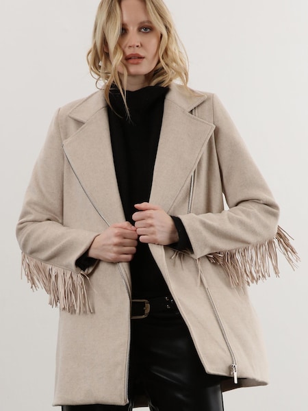 Religion Cream Mid Length Lighweight Coat with Suede Tassles (U74401) | €144