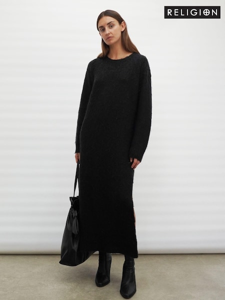 Religion Black Cosy Heritage Knitted Midi Dress In Soft Fluffy Yarn (U74404) | €51