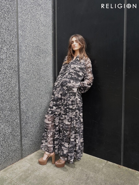 Religion Black Tiered Maxi Shirt Dress In Beautiful Prints (U74425) | €64