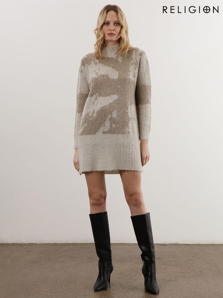 Religion Natural High Neck Jumper Tunic Dress In Neutral Pattern (U74428) | €61