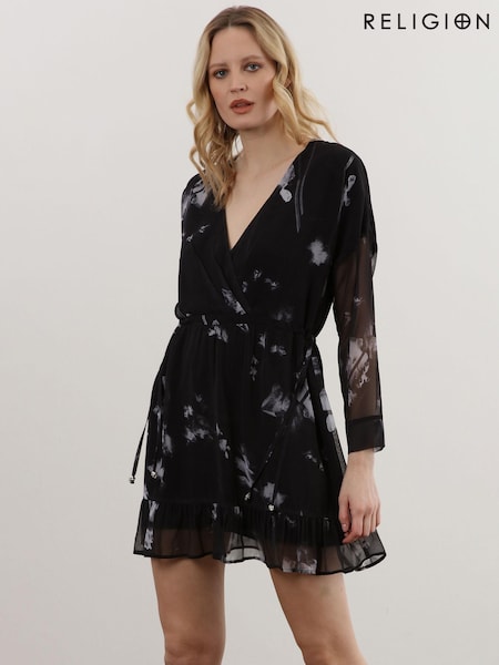 Religion Coal Black Long Sleeve Mini Dress with Tied Waist and Ruffle Hem (U74661) | €52