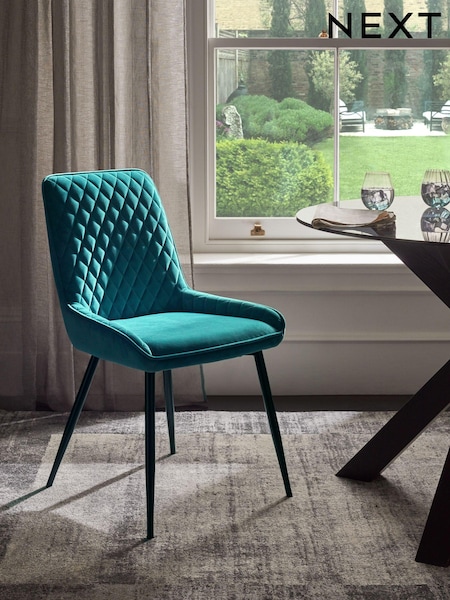 Set of 2 Soft Velvet Teal Blue Hamilton Black Leg Quilted Dining Chairs (U75006) | €320