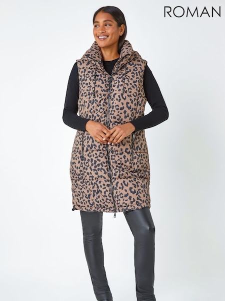 Roman Natural Animal Print Longline Hooded Gilet (U75027) | €37
