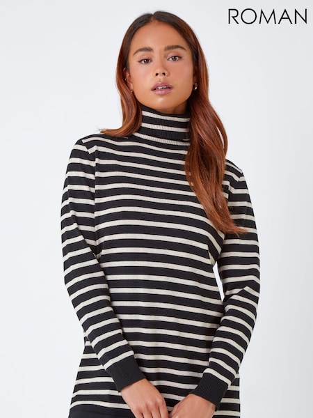 Roman Black/White Petite Stripe Print Roll Neck Jumper (U75047) | €15.50