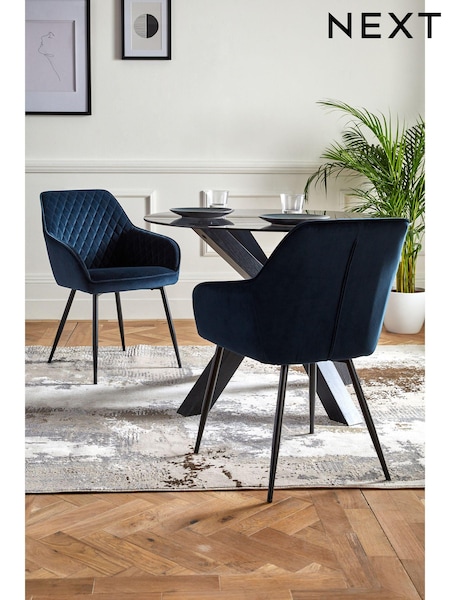 Set of 2 Soft Velvet Navy Blue Hamilton Black Leg Quilted Dining Chairs (U75068) | €380