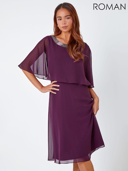 Roman Purple Petite Sparkle Chiffon Cape Dress (U75087) | €37