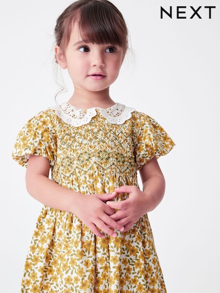 Oker Rumena rožast vzorec - Printed Lace Collar Shirred Cotton Dress (3mths-7yrs) (U75165) | € 18 - € 24