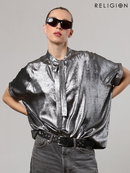 Religion Silver Oversized Blouse in Dip Dye With Tie Neck (U75342) | €46
