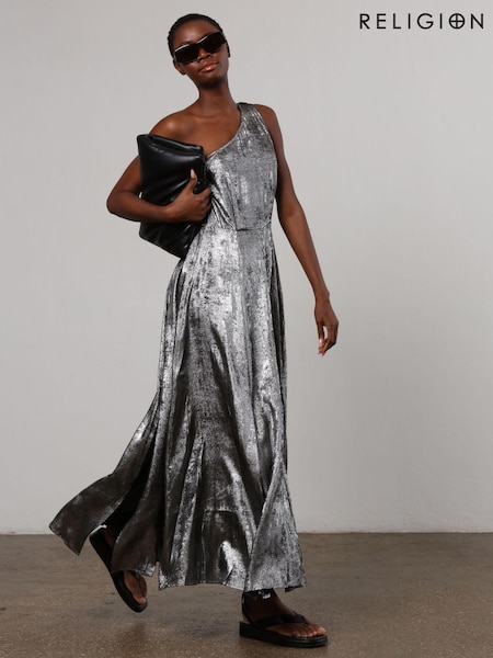 Religion One Shoulder Maxi Dress In Silver Foil Textured Fabric (U75344) | 417 LEI