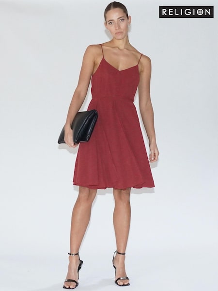 Religion Red Jewell Midi Maxi Dress with Spaghetti Straps and Full Skirt (U75360) | €32
