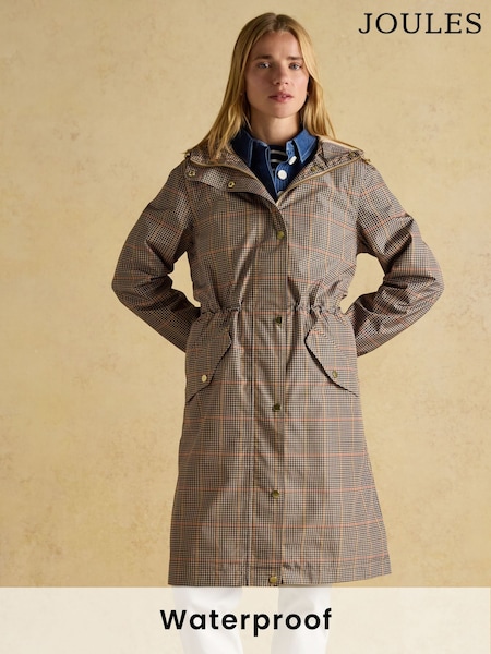 Bruin geruit - Joules Holkham waterdichte opvouwbare regenjas met capuchon (U75422) | € 115