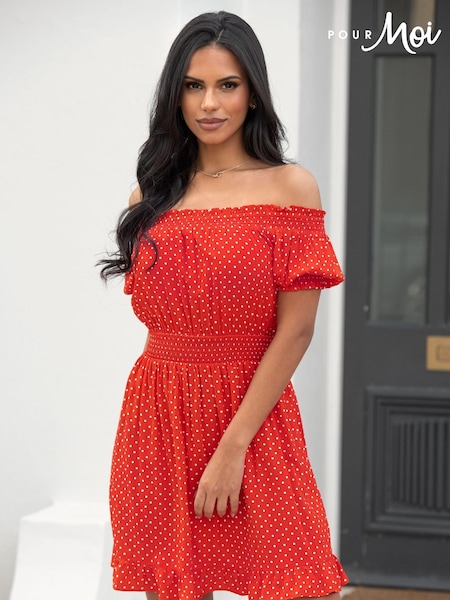 Pour Moi Red Eloise Puff Sleeve Woven Bardot Dress (U76237) | €56