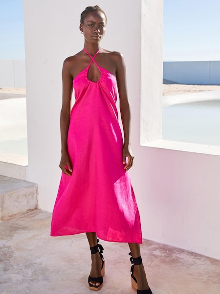 Pink 100% Linen Ruched Halter Midi Dress (U76654) | €11